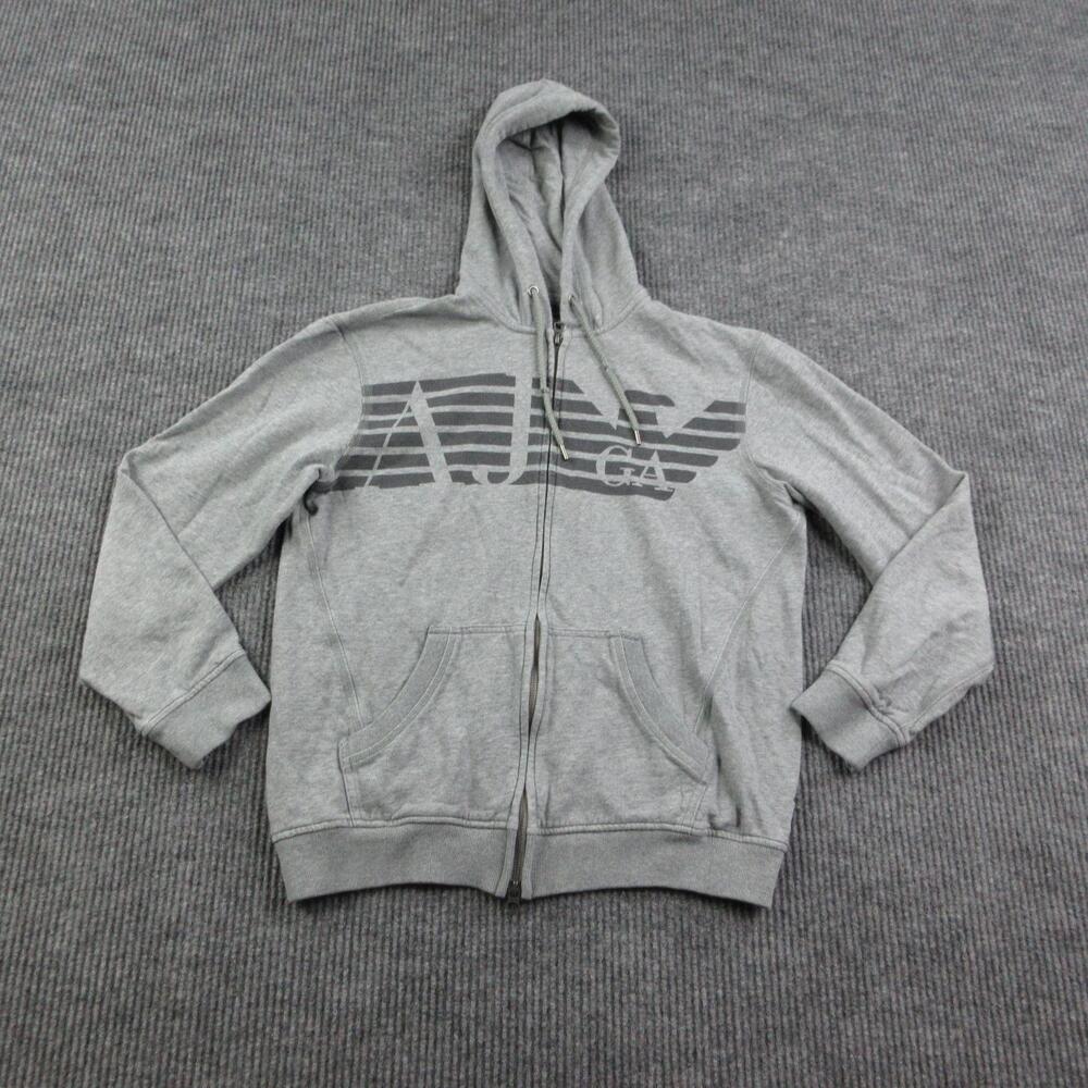 Armani Jeans Hoodie Mens M Gray Full Zip Hooded Pockets Graphic AJ Eagle